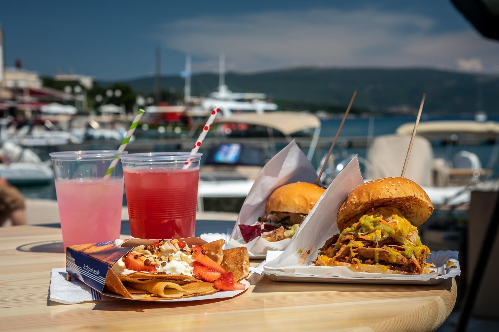 Street food on the table by sea in Krk